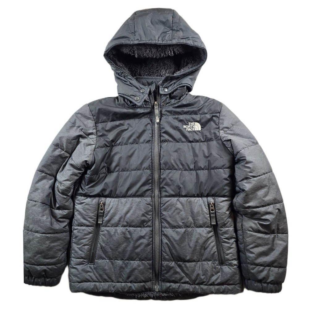 The North Face Reversible Puffer Jacket Boys Medium 10/12 Gray Fleece Hooded
